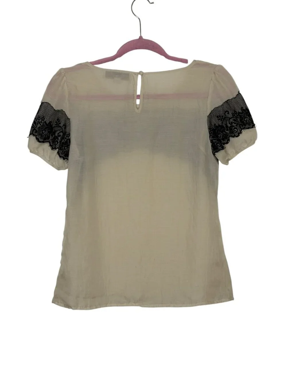 Loft Blouse Top Shirt Lace Embellished Puff Sleeve Natural Black XS